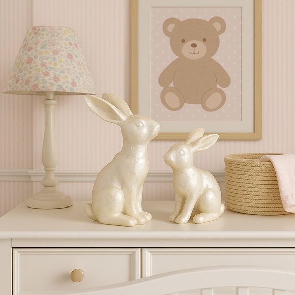 Faux Capiz Bunny Pair French Country Coastal Shabby Chic Farmhouse Decor - Picture 9 of 12